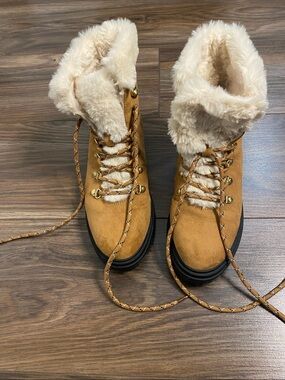 J. Crew Tan Faux-Suede Fold-Over Fur Lace-Up Winter Boots